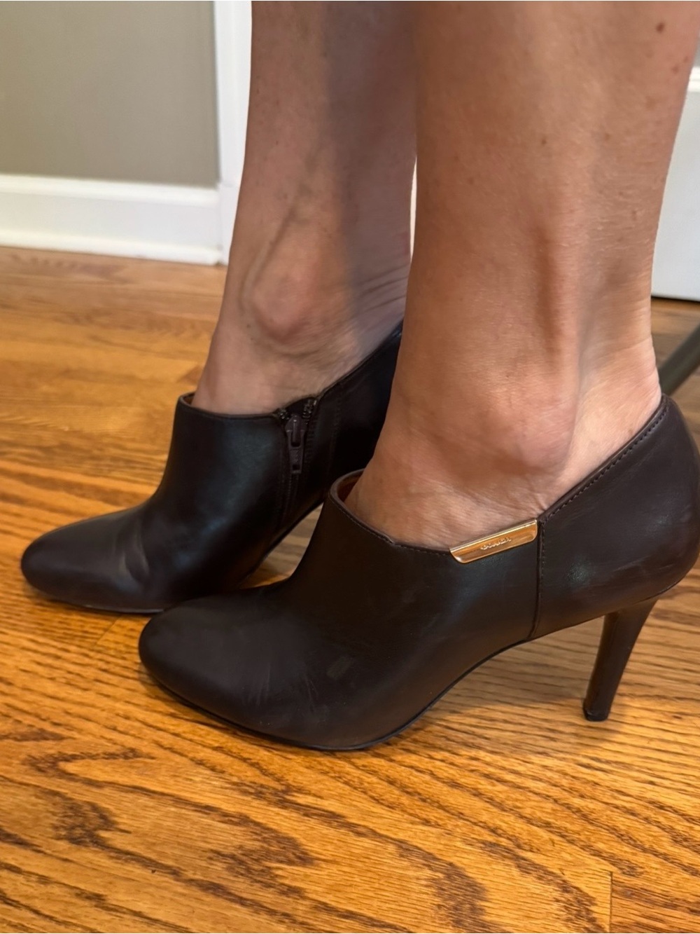 Coach Dark Brown Leather Ankle Booties with Gold Accent - Picture 11 of 12